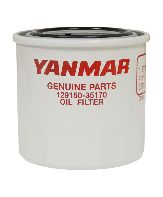 Yanmar 129150-35170 genuine parts spin-on lube oil filter, white canister with red Yanmar branding