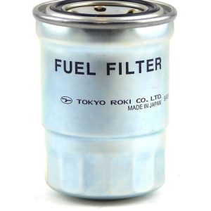 Yanmar 129574-55711 spin-on fuel filter, silver canister marked Fuel Filter, Tokyo Roki, Made in Japan