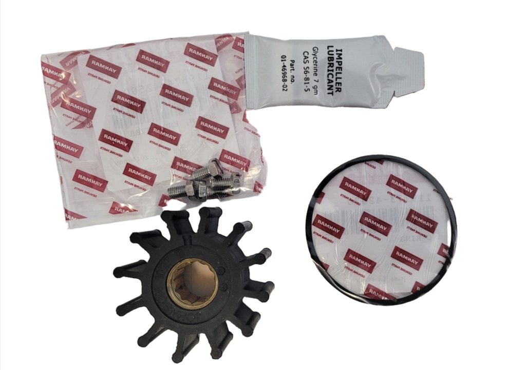 Genuine Yanmar 129670-42610 seawater pump impeller kit showing the neoprene impeller, O-ring and sealed parts packets