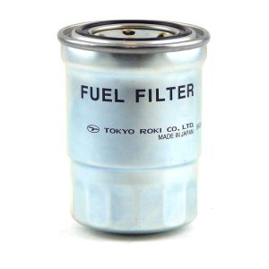 Yanmar 129574-55711 spin-on fuel filter, silver canister marked Fuel Filter, Tokyo Roki, Made in Japan