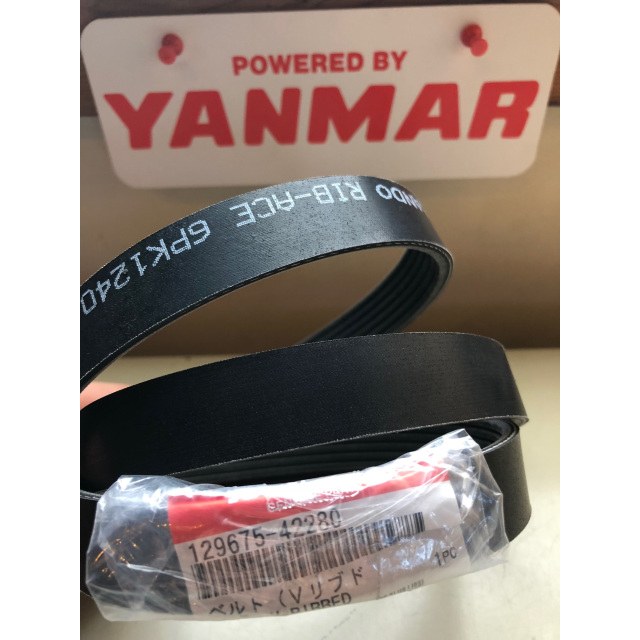 Genuine Yanmar 129675-42280 V-ribbed drive belt with its parts label, marked Mitsuboshi RIB-ACE